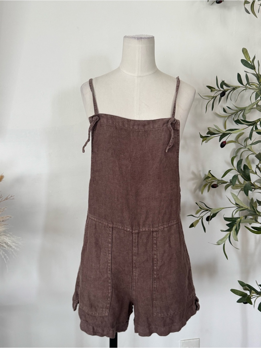 Faherty 100% Linen Brown Romper Size XS Utility Overall Shortalls Boho Coastal